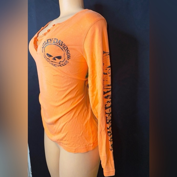Harley-Davidson Orange Long Sleeve Henley with Skull Graphic - Picture 3 of 5